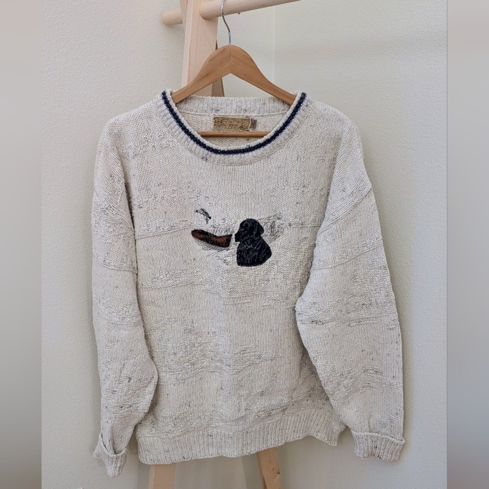 Vintage Embroidered Black Lab & Canoe Textured Chunky Crewneck Sweater In Ivory